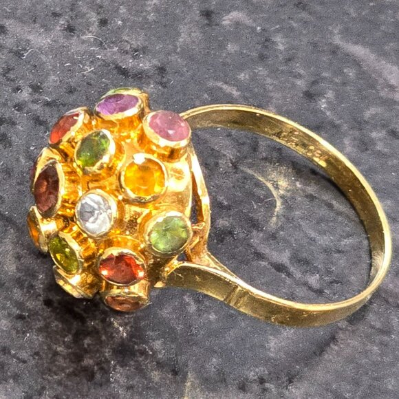 Vintage 18kt Yellow Gold Sputnik Multicolor Gemstone Cluster Ring Size 5.5 HS179 - Picture 8 of 16